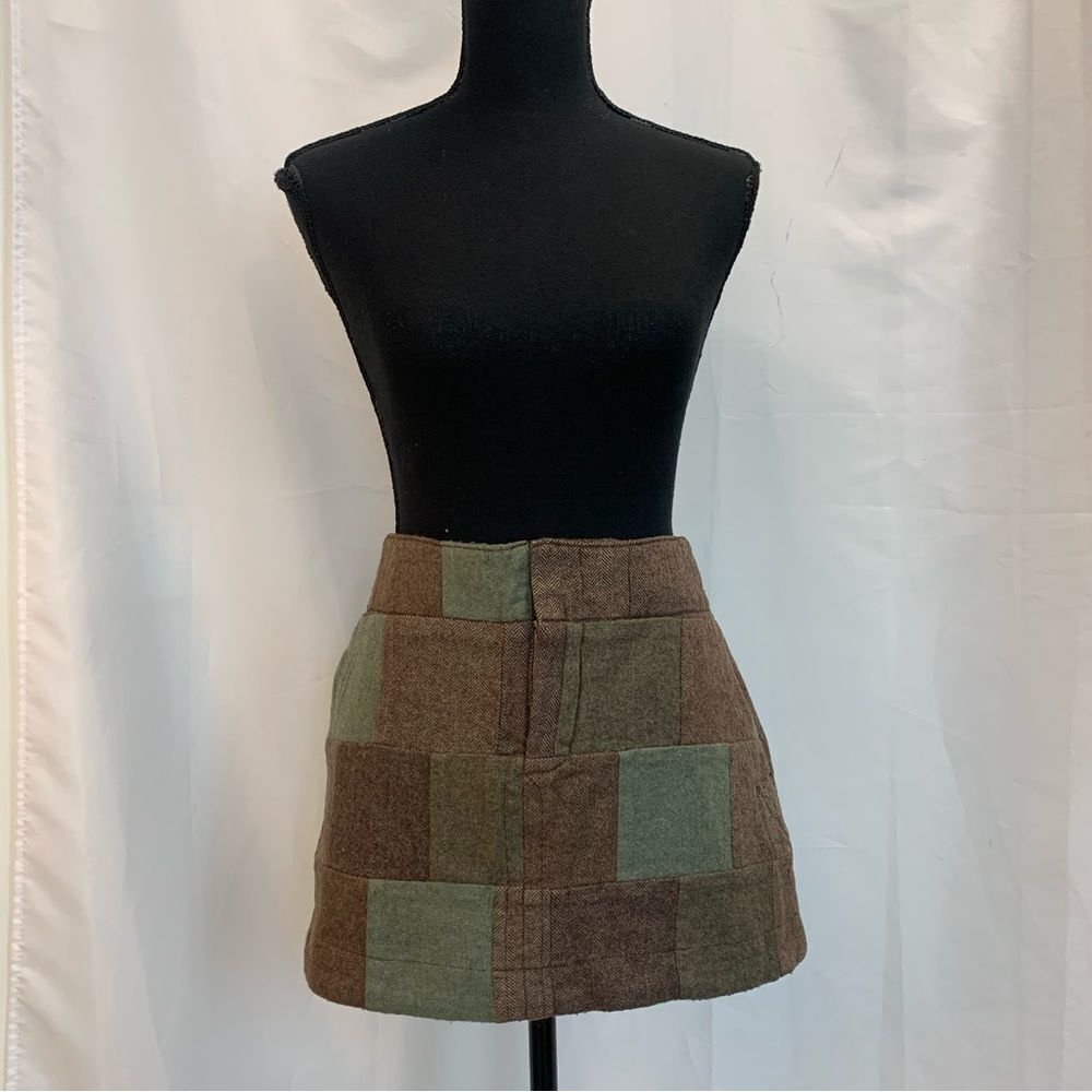 AMERICAN Eagle brown green wool patchwork square print mini skirt Sz 10 - Picture 11 of 11